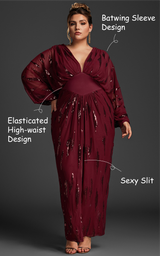 Curveins Plus Size V Neck Sequins Lantern Sleeve Slit Mesh Dress