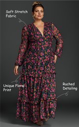 Curveins Plus Size Floral Print Lantern Sleeve Tiered Maxi Dress