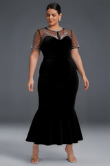 Curveins Plus Size Round Neck Sequin Mermaid Velvet Maxi Dress