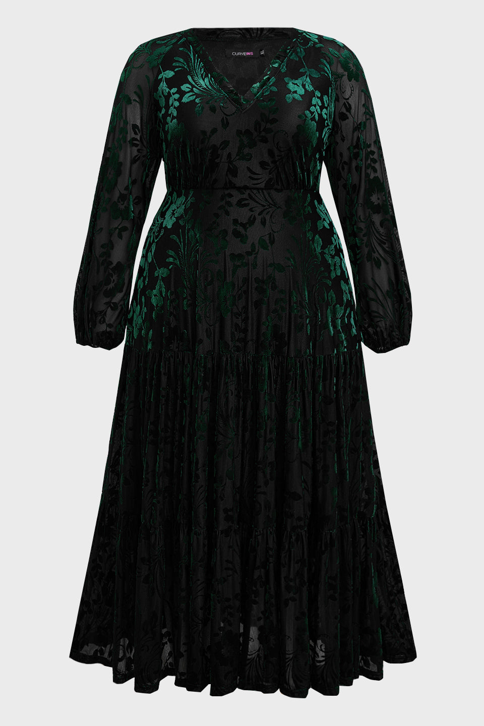 Curveins Plus Size V-Neck Flowy Bell Sleeves Pleated Velvet Midi Dress