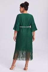 Curveins Plus Size Crew Neck Long Sleeve Stretch Fringe Hem Belted Midi Dress
