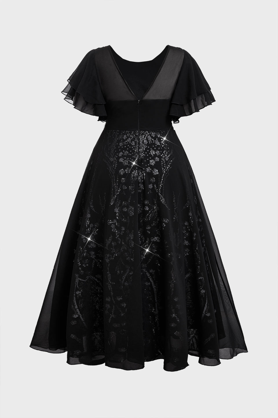 Curveins Plus Size Round Neck Ruffle Floral Sleeve Sequin Maxi Dress