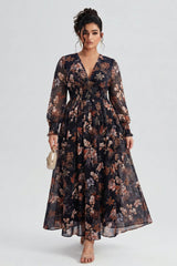 Curveins Plus Size V Neck Long Sleeve Floral Cinched Waist Maxi Dress
