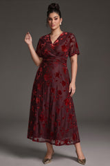 Curveins Plus Size Velvet Surplice Vintage Plain Maxi Dress