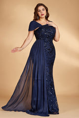 Curveins Plus Size One Shoulder Sleeveless Beaded Ribbon Elegant Maxi Dress