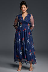 Curveins Plus Size V-Neck Floral Mesh Maxi Dress