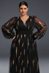 Curveins Plus Size V-Neck Sequin Long Sleeve Maxi Dress