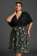 Curveins Plus Size Ruffle Sleeve V-Neck Embroidered Midi Dress
