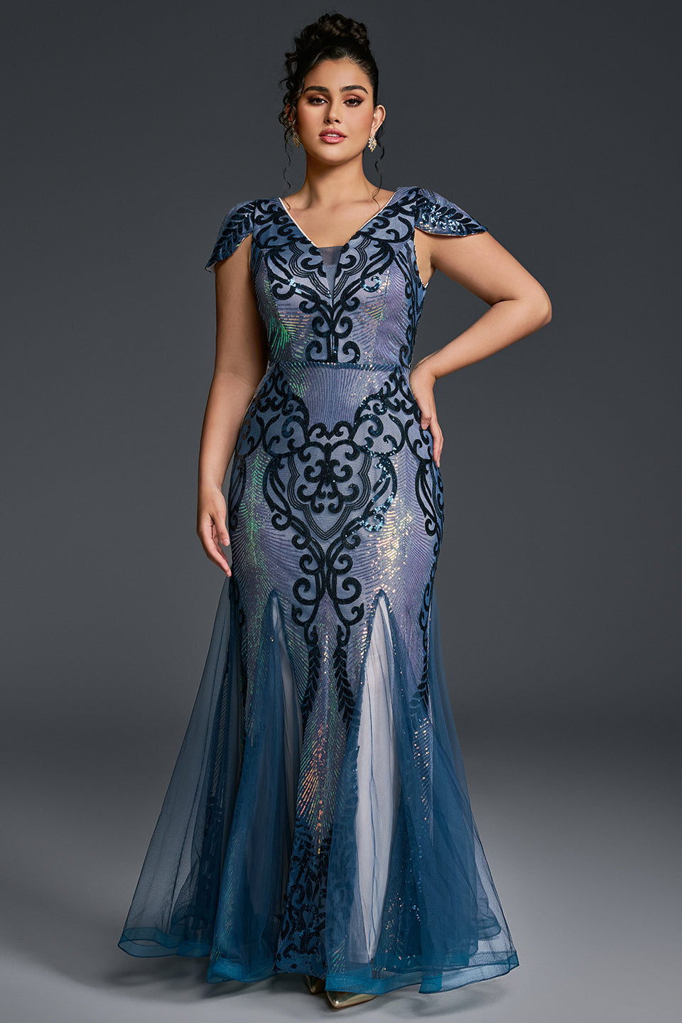 Curveins Plus Size Sequin V-Neck Bodycon Maxi Dress