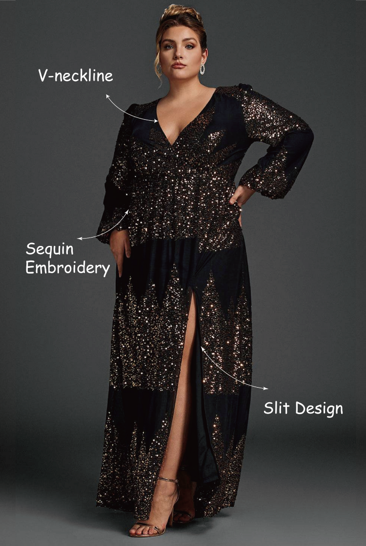 Curveins Plus Size V-Neck Sequin Split Hem Maxi Dress