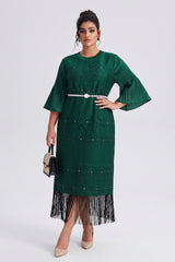 Curveins Plus Size Crew Neck Long Sleeve Stretch Fringe Hem Belted Midi Dress