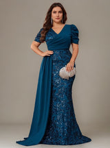 Curveins Plus Size V-Neck Sequin Patchwork Pattern Maxi Dress
