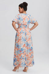 Curveins Plus Size V Neck Puff Sleeve Floral Pattern Elegant Flowing Maxi Dress