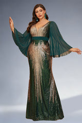 Curveins Plus Size Sparkling V-Neck Batwing Long-Sleeve Curve-Fit Maxi Dress