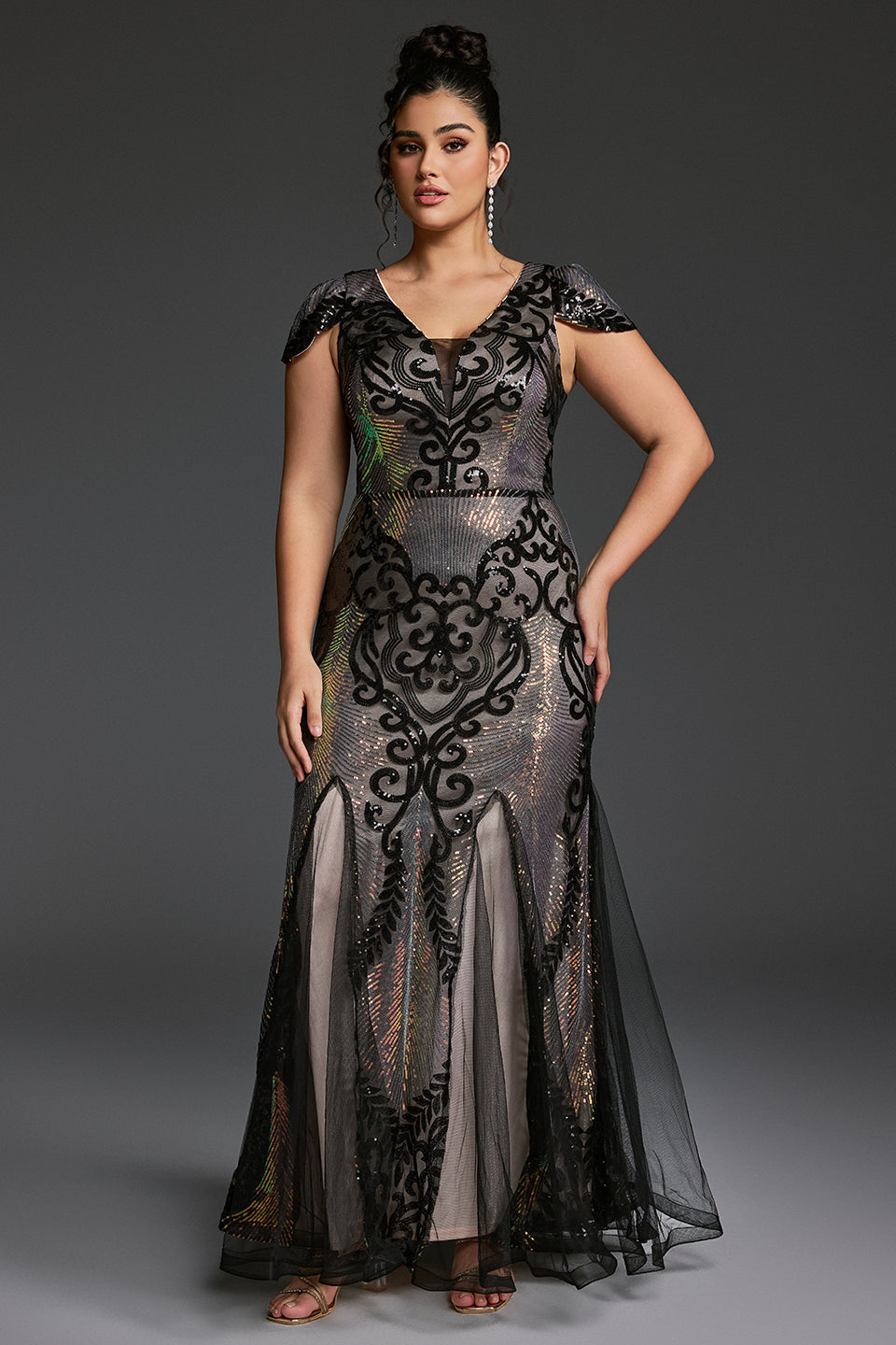 Curveins Plus Size Sequin V-Neck Bodycon Maxi Dress