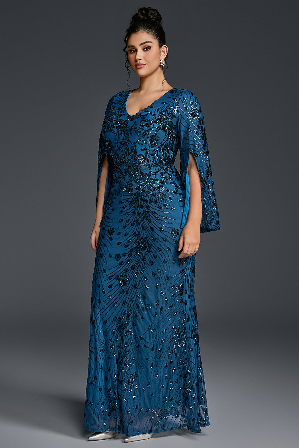 Curveins Plus Size V-Neck Long Sleeves Sequin Floral Bodycon Maxi Dress