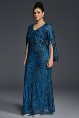 Curveins Plus Size V-Neck Long Sleeves Sequin Floral Bodycon Maxi Dress