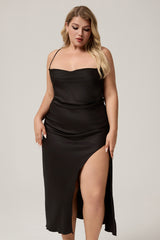 Curveins Plus Size Backless Split Cami Dress with Waist Bow, Elegant Chic Evening Wear