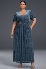 Curveins Plus Size V-Neck Velvet Plain Maxi Dress