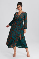 Curveins Plus Size Green Floral Velvet Wrap Maxi Dress