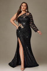 Curveins Plus Size One Shoulder Sequin High Slit Elegant Glamorous Evening Maxi Dress