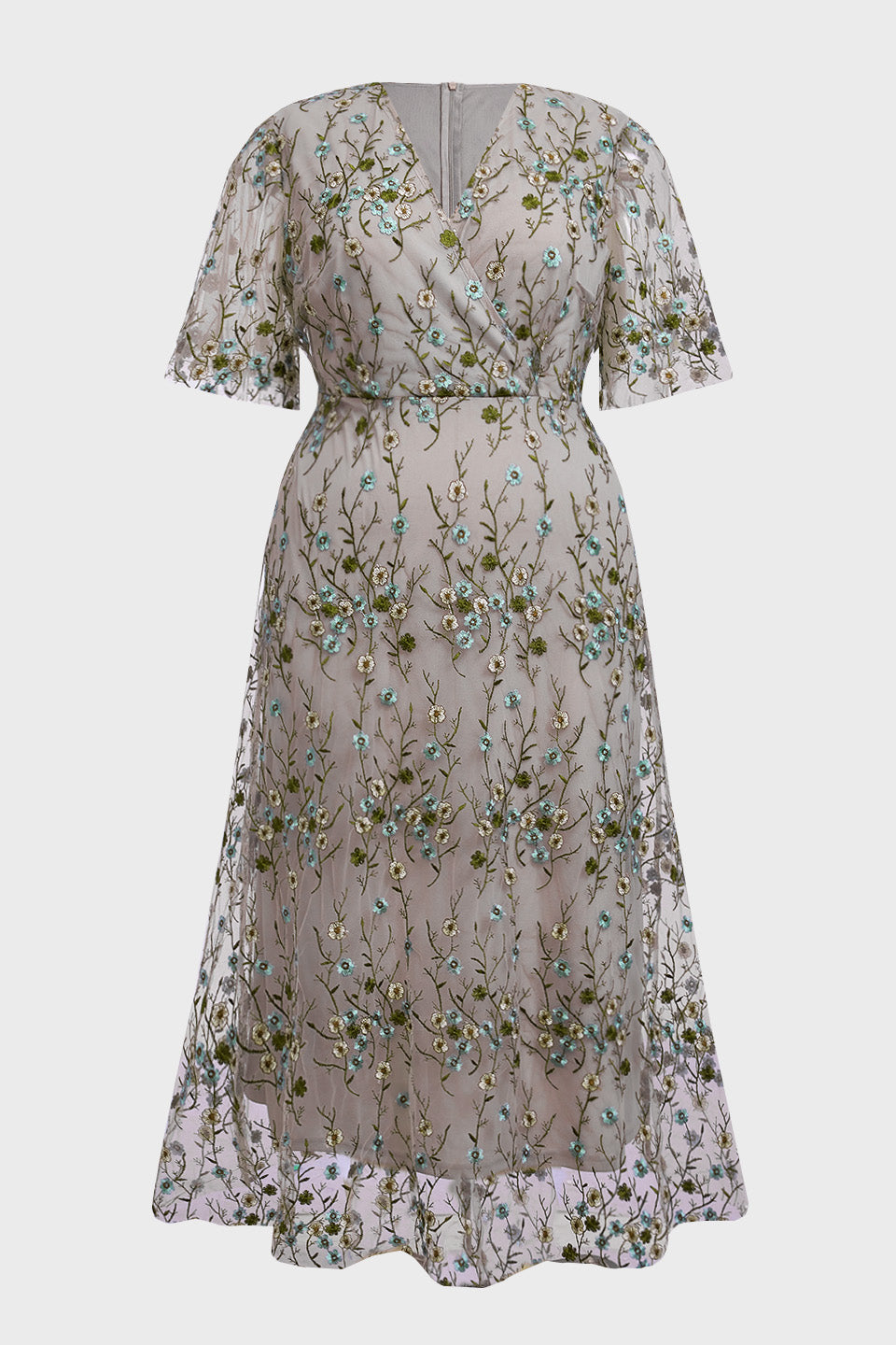 Curveins Plus Size V-Neck Ruffle Sleeve Embroidered Maxi Dress