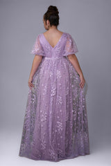 Curveins Plus Size Floral Embroidery V-Neck Puff Sleeve Side-Slit Maxi Dress