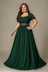 Curveins Plus Size Strapless Embroidered Short Sleeve Waist Cinch A-Line Maxi Dress