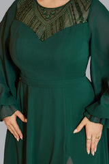 Curveins Plus Size Round Neck Lantern Sleeve Waist-Defining Sequin Panel Slit Maxi Dress