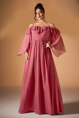 Curveins Plus Size Off-Shoulder Long Sleeve Solid Color Waist-Defined Maxi Dress