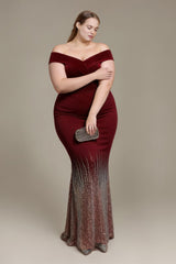 Curveins Plus Size Elegant Off-Shoulder Velvet Fishtail Long Dress
