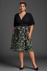 Curveins Plus Size Ruffle Sleeve V-Neck Embroidered Midi Dress