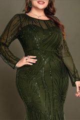 Curveins Plus Size Round Neck Long Sleeve Sequin Bodycon Maxi Dress