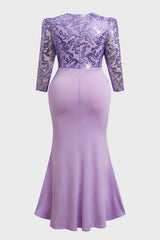 Curveins Plus Size Long Sleeve Lace Patchwork Sequin Maxi Dress with Round Neck