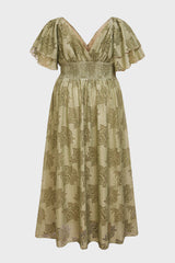 Curveins Plus Size V Neck Batwing Sleeve Plaid Pattern Flowy Maxi Dress