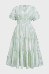 Curveins Plus Size V-Neck Striped Short Sleeve Pleated Maxi Dress