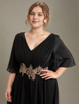 Curveins Plus Size V-Neck Embroidered Belted Maxi Dress