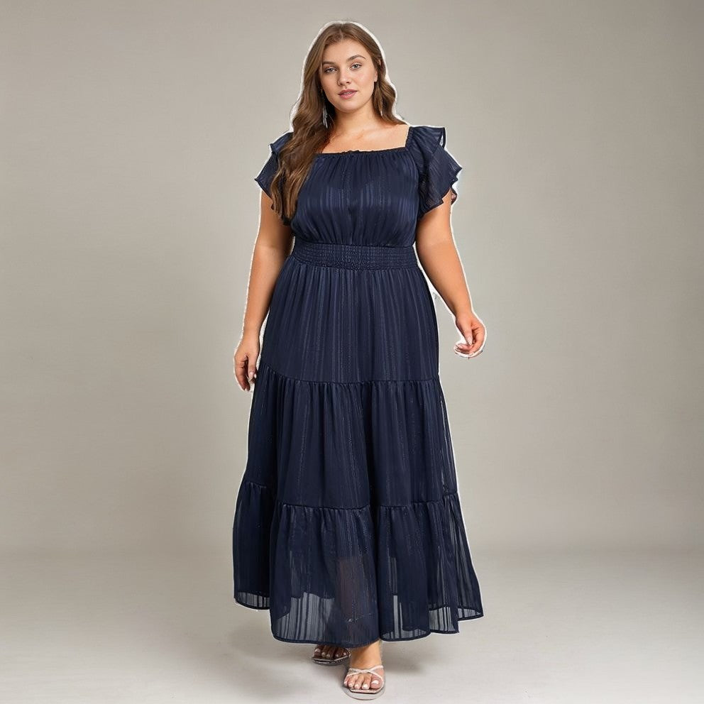 Curveins Plus Size Off Shoulder Ruffle Sleeve Elastic Waist Maxi Dress