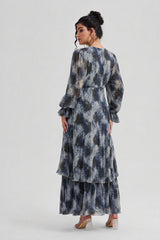 Curveins Plus Size V Neck Lantern Sleeve Cinched Waist Elegant Maxi Dress