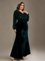 Curveins Plus Size V-Neck Sequin Velvet Patchwork Maxi Dress
