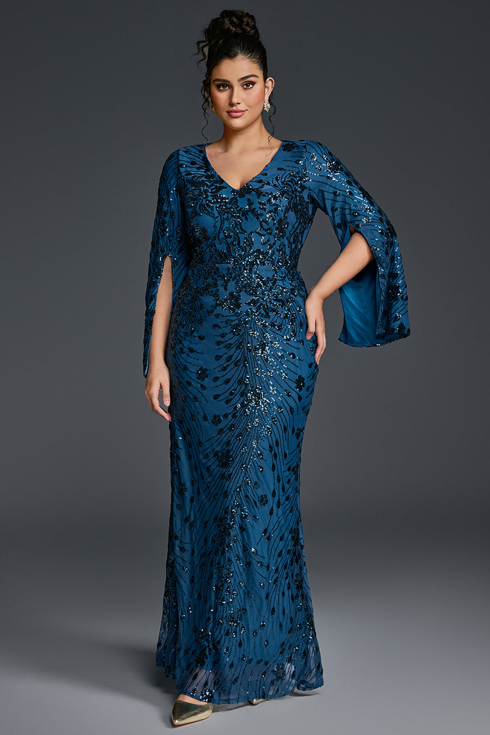 Curveins Plus Size V-Neck Long Sleeves Sequin Floral Bodycon Maxi Dress