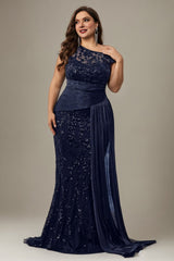 Curveins Plus Size One Shoulder Sleeveless Embroidered Sequin Patchwork Bodycon Maxi Dress