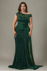 Curveins Plus Size One Shoulder Sleeveless Embroidered Sequin Patchwork Bodycon Maxi Dress