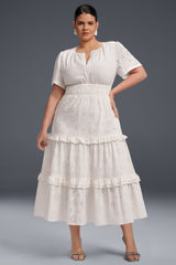 Curveins Plus Size Solid Color Hollow Floral Pattern Ruffle Hem Maxi Dress