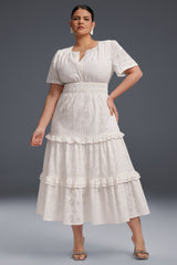 Curveins Plus Size Solid Color Hollow Floral Pattern Ruffle Hem Maxi Dress