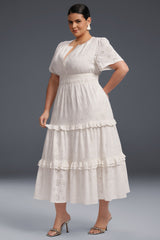 Curveins Plus Size Solid Color Hollow Floral Pattern Ruffle Hem Maxi Dress