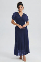 Curveins Plus Size V Neck Batwing Sleeve Cinched Waist Maxi Dress