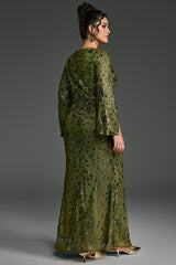 Curveins Plus Size V-Neck Long Sleeves Sequin Floral Bodycon Maxi Dress