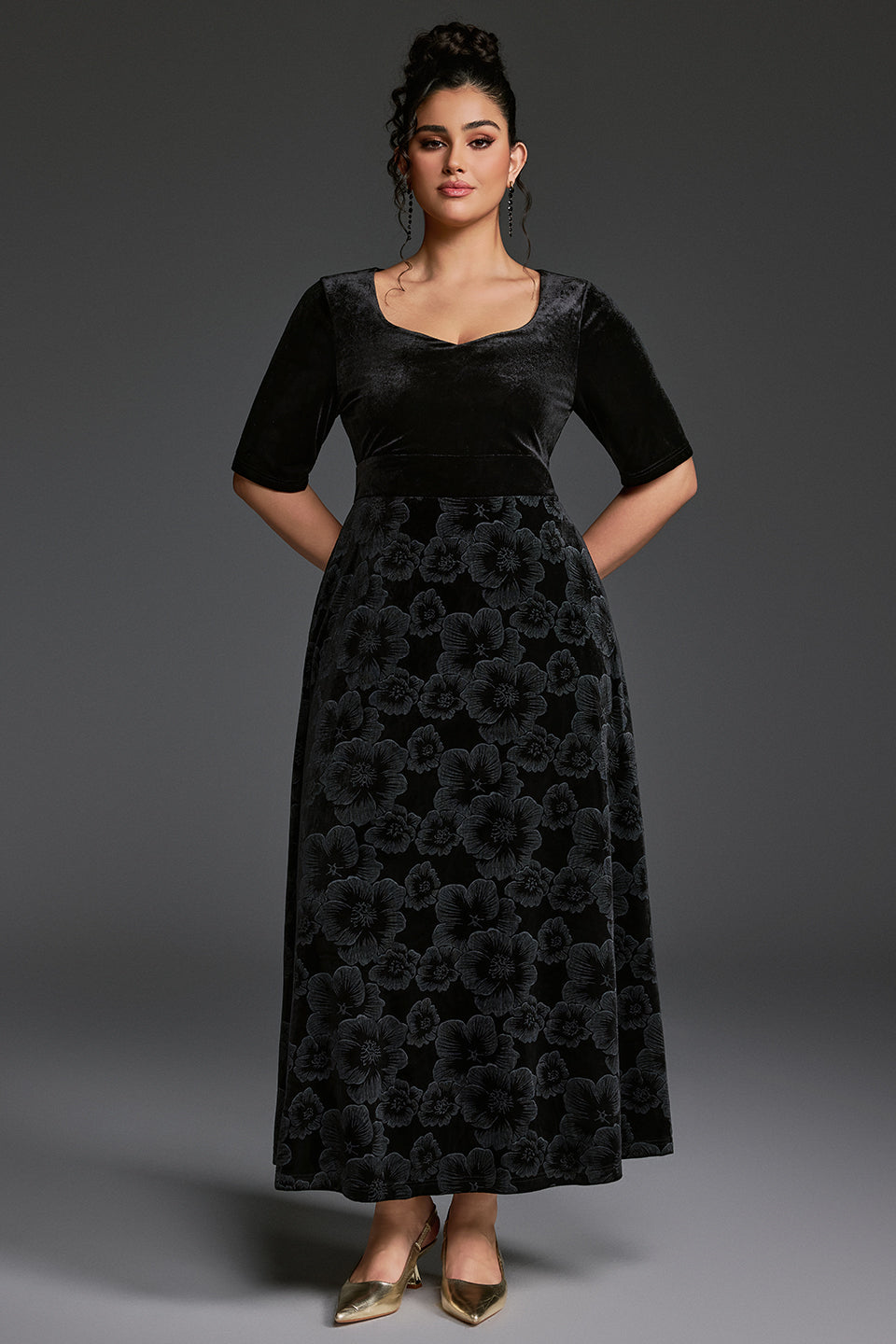 Curveins Plus Size V-Neck Long Sleeves Fitted Waist Floral Patchwork Maxi Dress