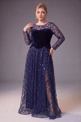 Curveins Plus Size Crew Neck Long Sleeve Leaf Sequin High Slit Velvet Maxi Dress